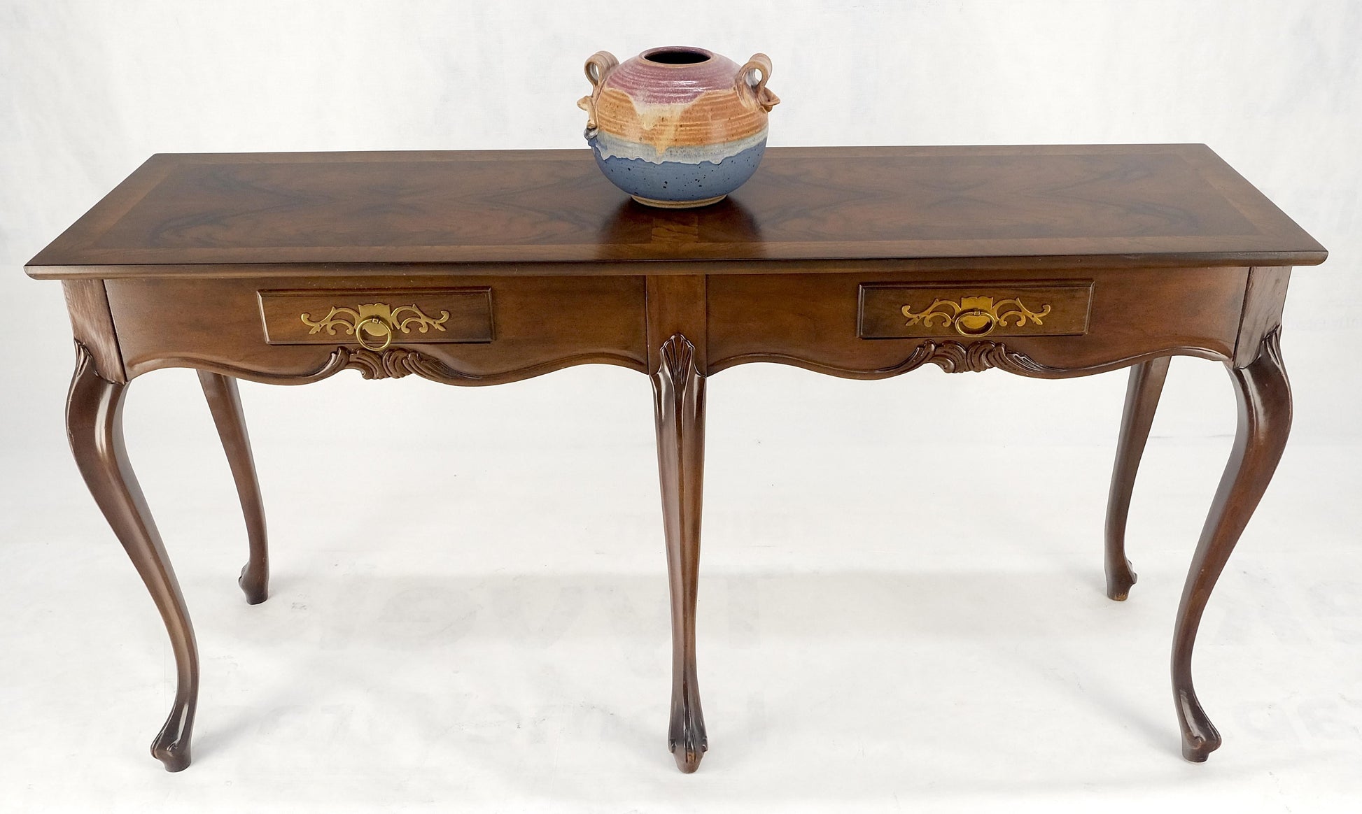 EstablishedLines Baker 54" Long 6 Legged Burl Walnut 2 Drawers Cabriole Leg Console Sofa Table