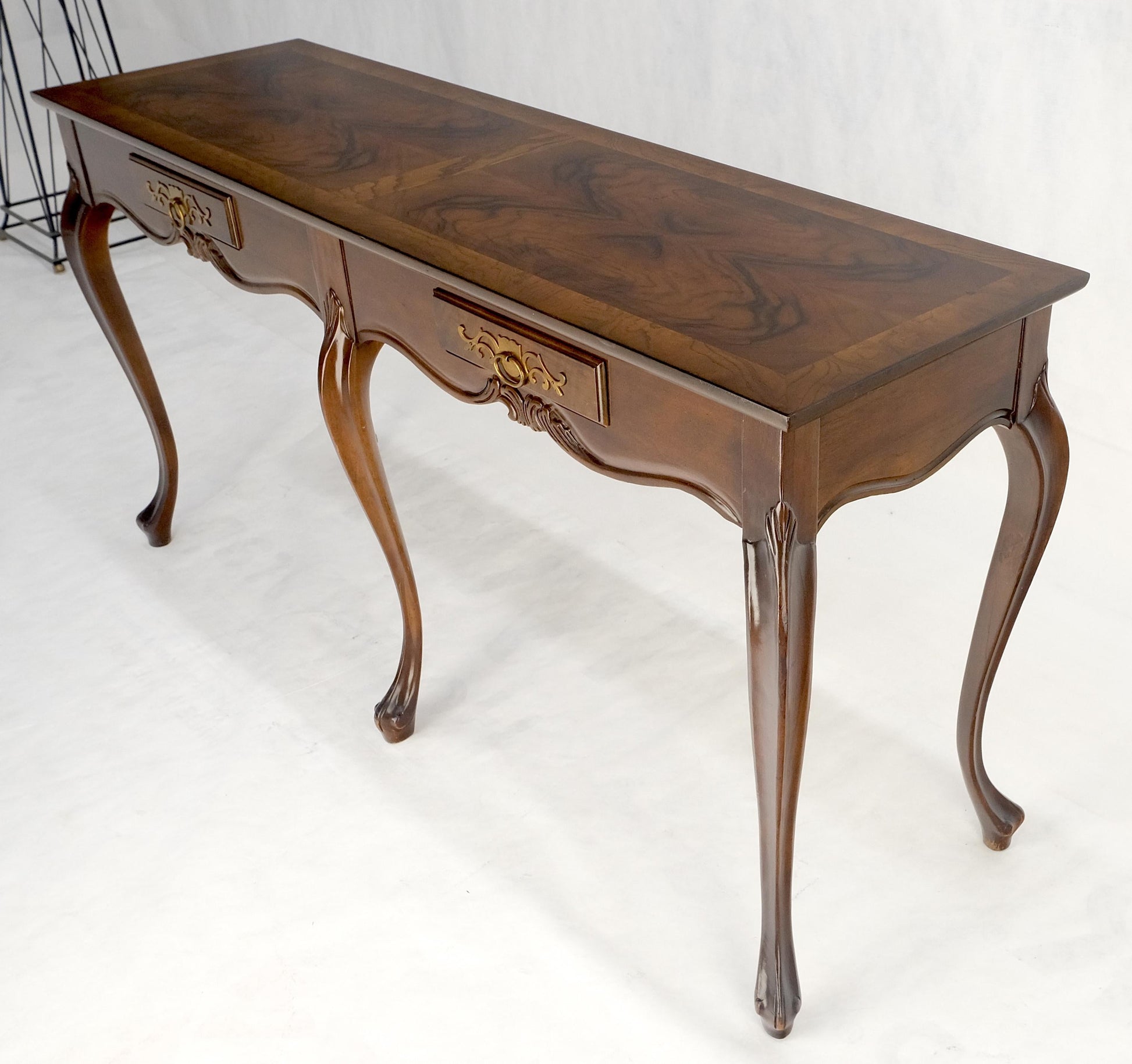 EstablishedLines Baker 54" Long 6 Legged Burl Walnut 2 Drawers Cabriole Leg Console Sofa Table