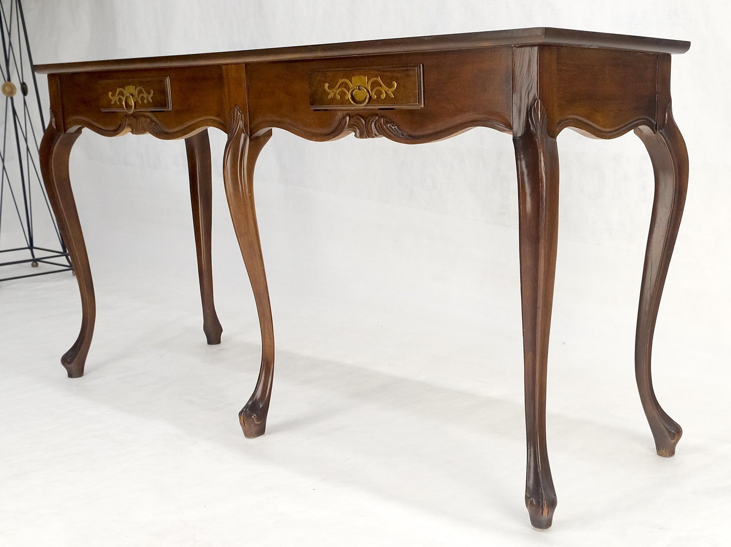 EstablishedLines Baker 54" Long 6 Legged Burl Walnut 2 Drawers Cabriole Leg Console Sofa Table