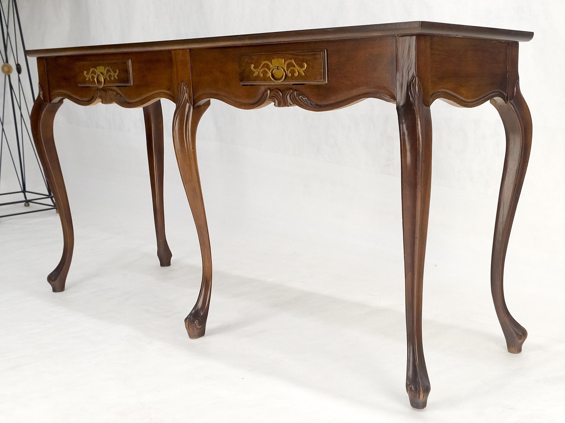 EstablishedLines Baker 54" Long 6 Legged Burl Walnut 2 Drawers Cabriole Leg Console Sofa Table