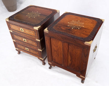EstablishedLines Pair 3 Drawer Solid Rosewood Campaign Style Brass Inlay Decorated Night Stands