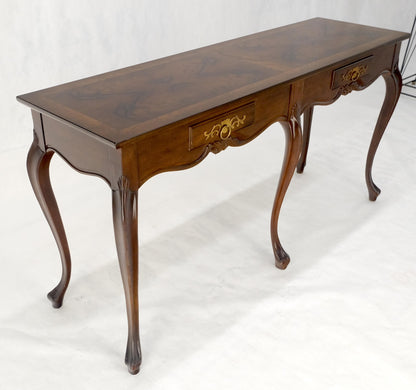 EstablishedLines Baker 54" Long 6 Legged Burl Walnut 2 Drawers Cabriole Leg Console Sofa Table