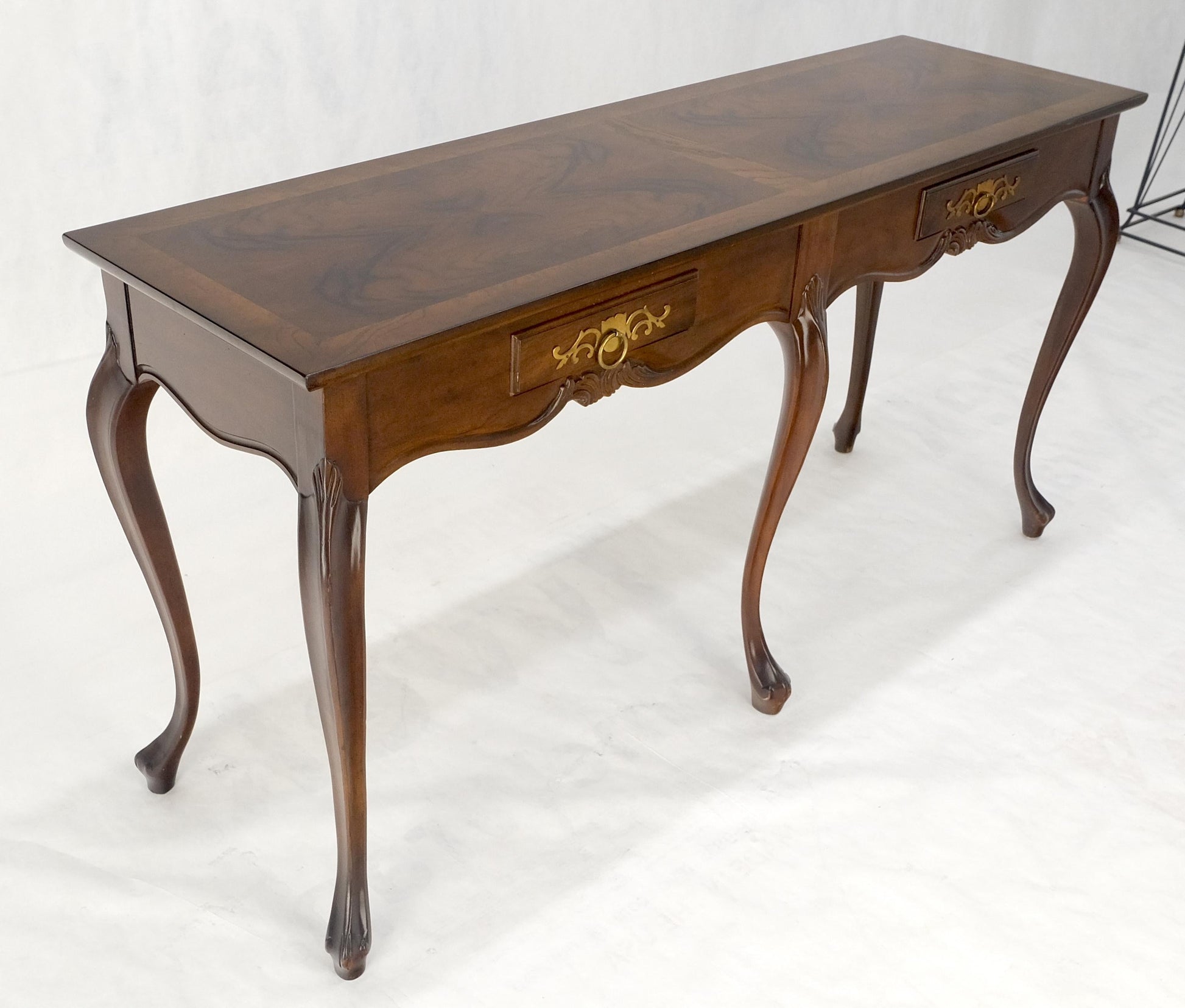 EstablishedLines Baker 54" Long 6 Legged Burl Walnut 2 Drawers Cabriole Leg Console Sofa Table