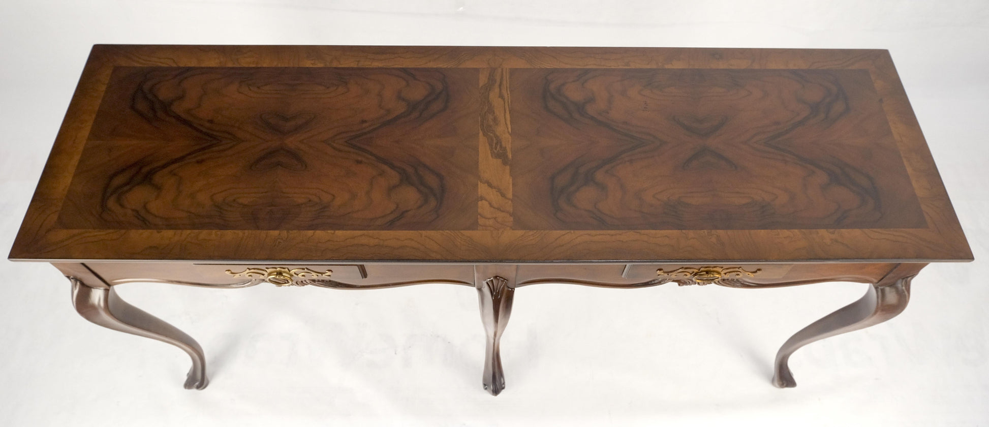 EstablishedLines Baker 54" Long 6 Legged Burl Walnut 2 Drawers Cabriole Leg Console Sofa Table