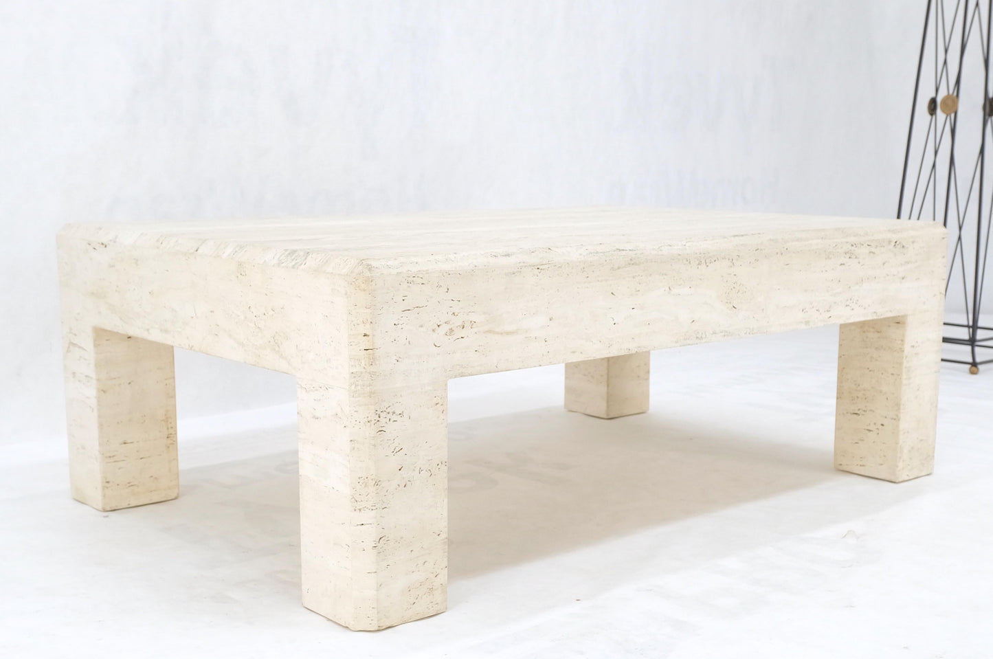 Large Travertine Rectangle Parsons Style Coffee Table on Thick Square Legs