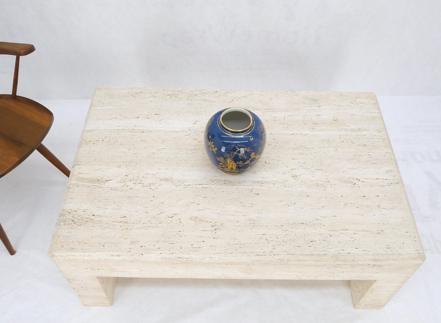Large Travertine Rectangle Parsons Style Coffee Table on Thick Square Legs