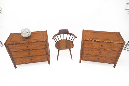 Bloomingdales Pair of Burnt Bamboo 3 Drawers Cane Rattan Small Dressers Chests