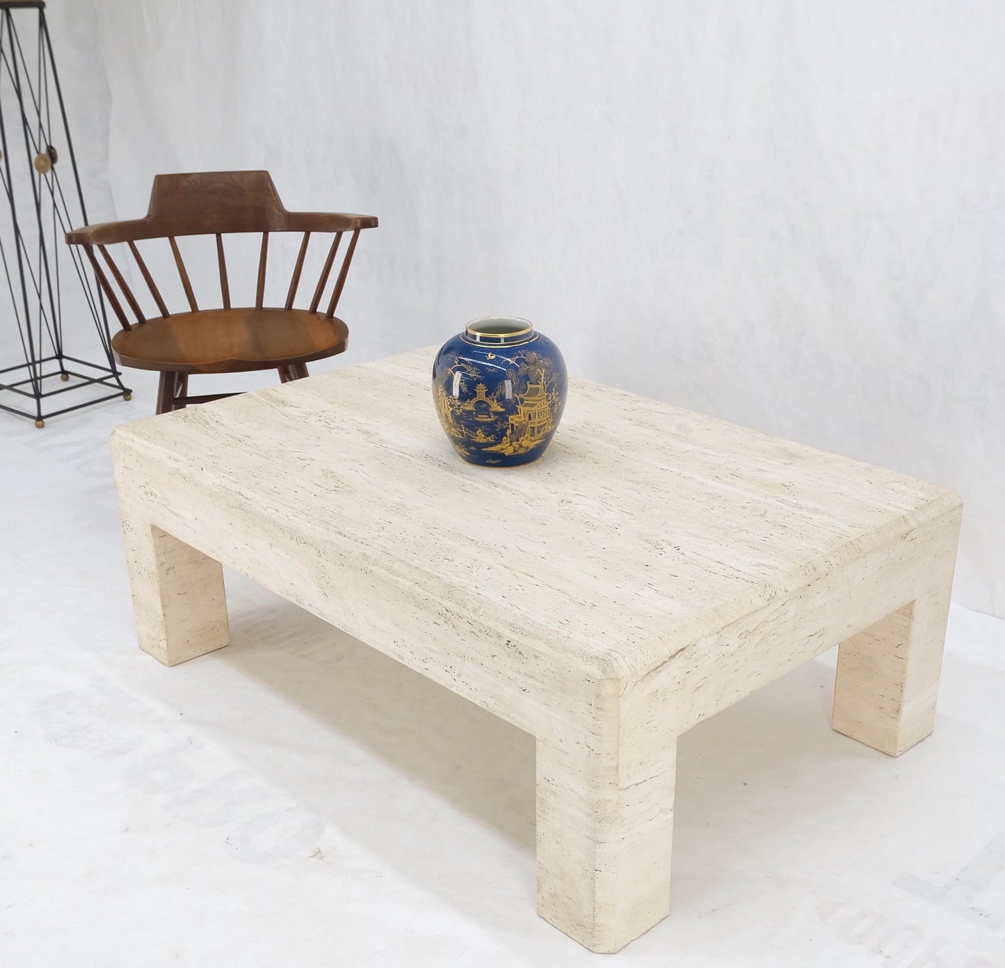 Large Travertine Rectangle Parsons Style Coffee Table on Thick Square Legs
