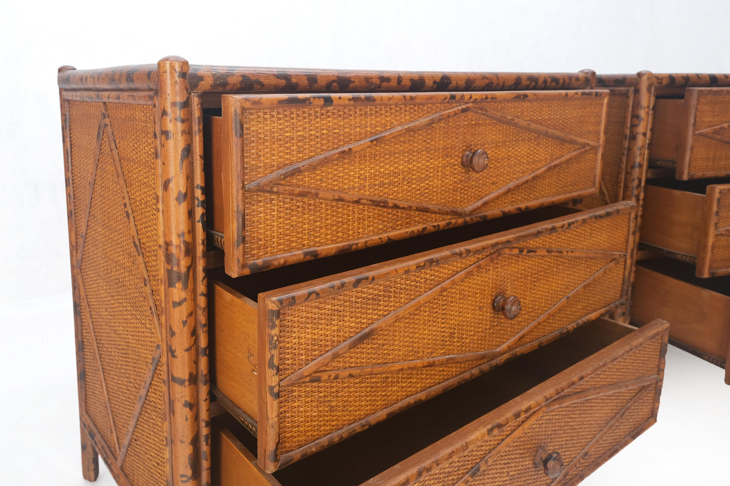 Bloomingdales Pair of Burnt Bamboo 3 Drawers Cane Rattan Small Dressers Chests