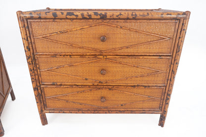 Bloomingdales Pair of Burnt Bamboo 3 Drawers Cane Rattan Small Dressers Chests