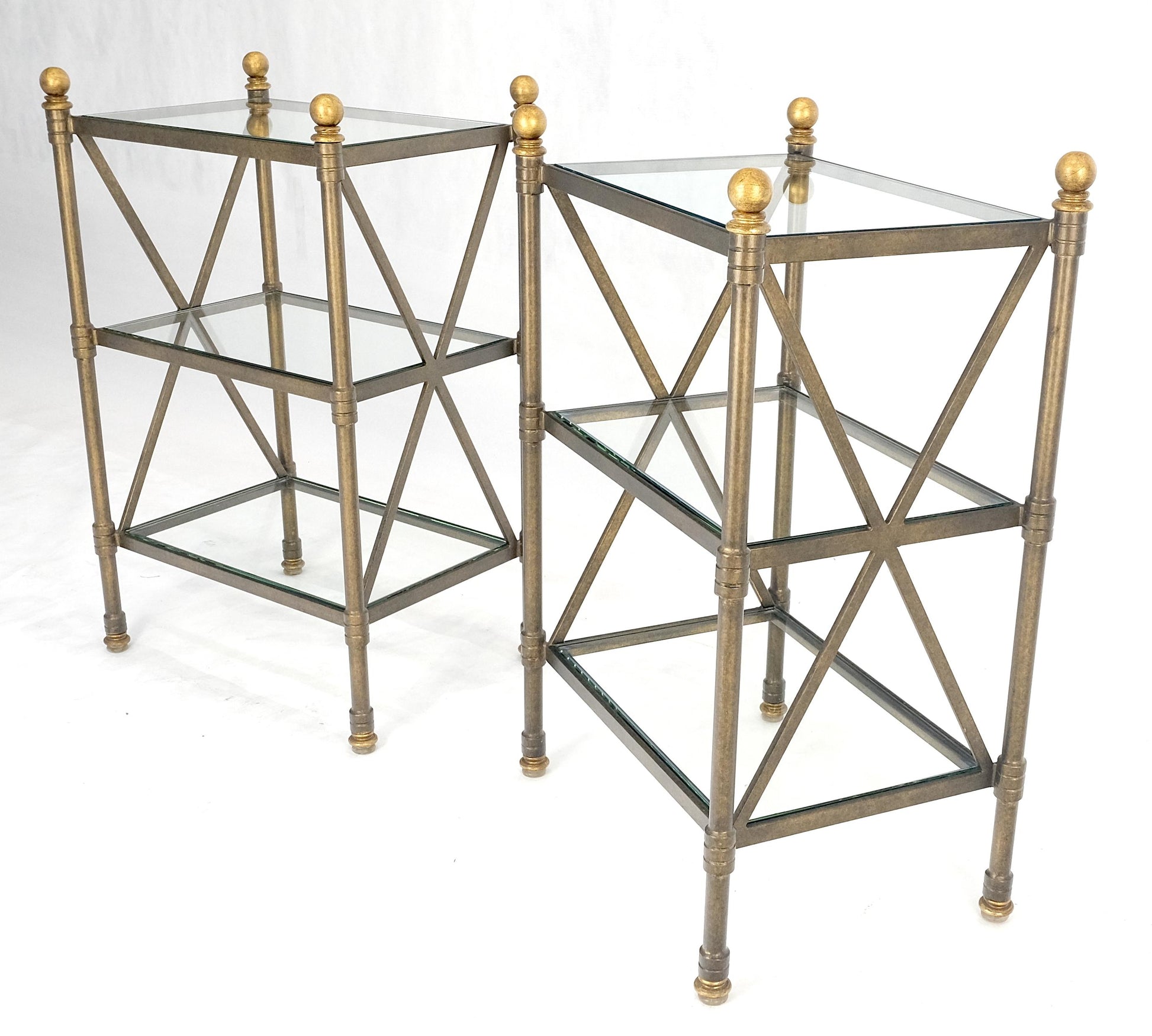 EstablishedLines Pair Metal X Base 3 Tier Glass Shelves Ball Finials 12x18 Side End Lamp Tables