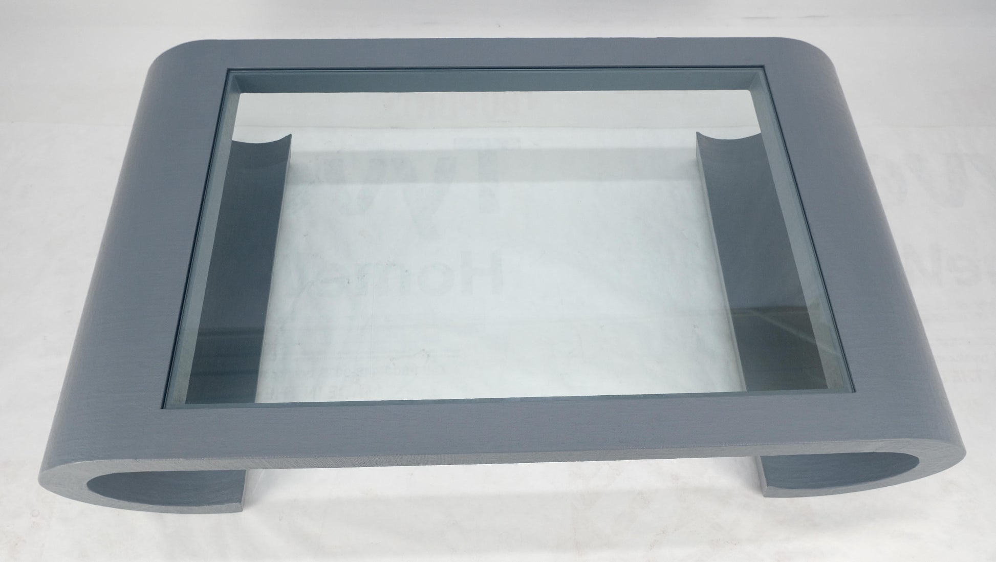 EstablishedLines Linen Cloth Wrapped Silver Grey C Scroll Shape Glass Top MCM Coffee Table MINT