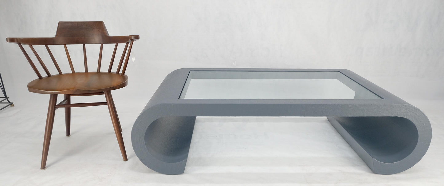 EstablishedLines Linen Cloth Wrapped Silver Grey C Scroll Shape Glass Top MCM Coffee Table MINT