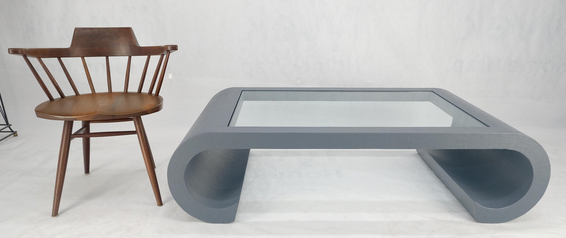 EstablishedLines Linen Cloth Wrapped Silver Grey C Scroll Shape Glass Top MCM Coffee Table MINT