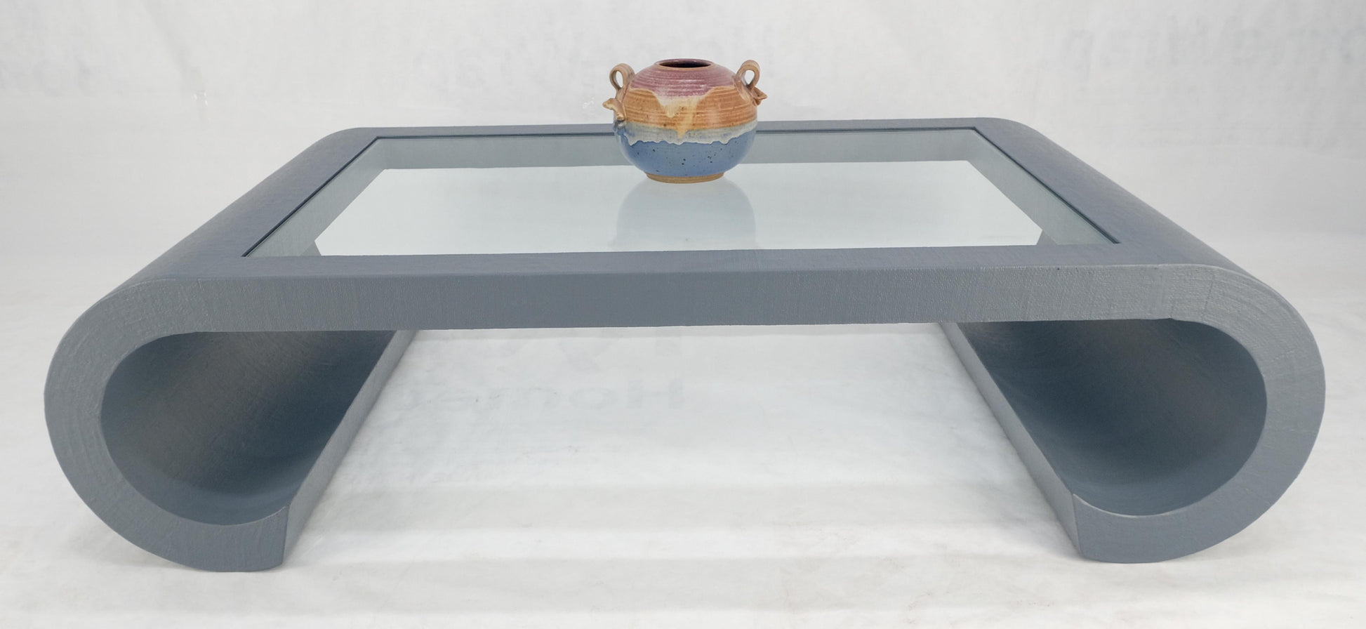 EstablishedLines Linen Cloth Wrapped Silver Grey C Scroll Shape Glass Top MCM Coffee Table MINT