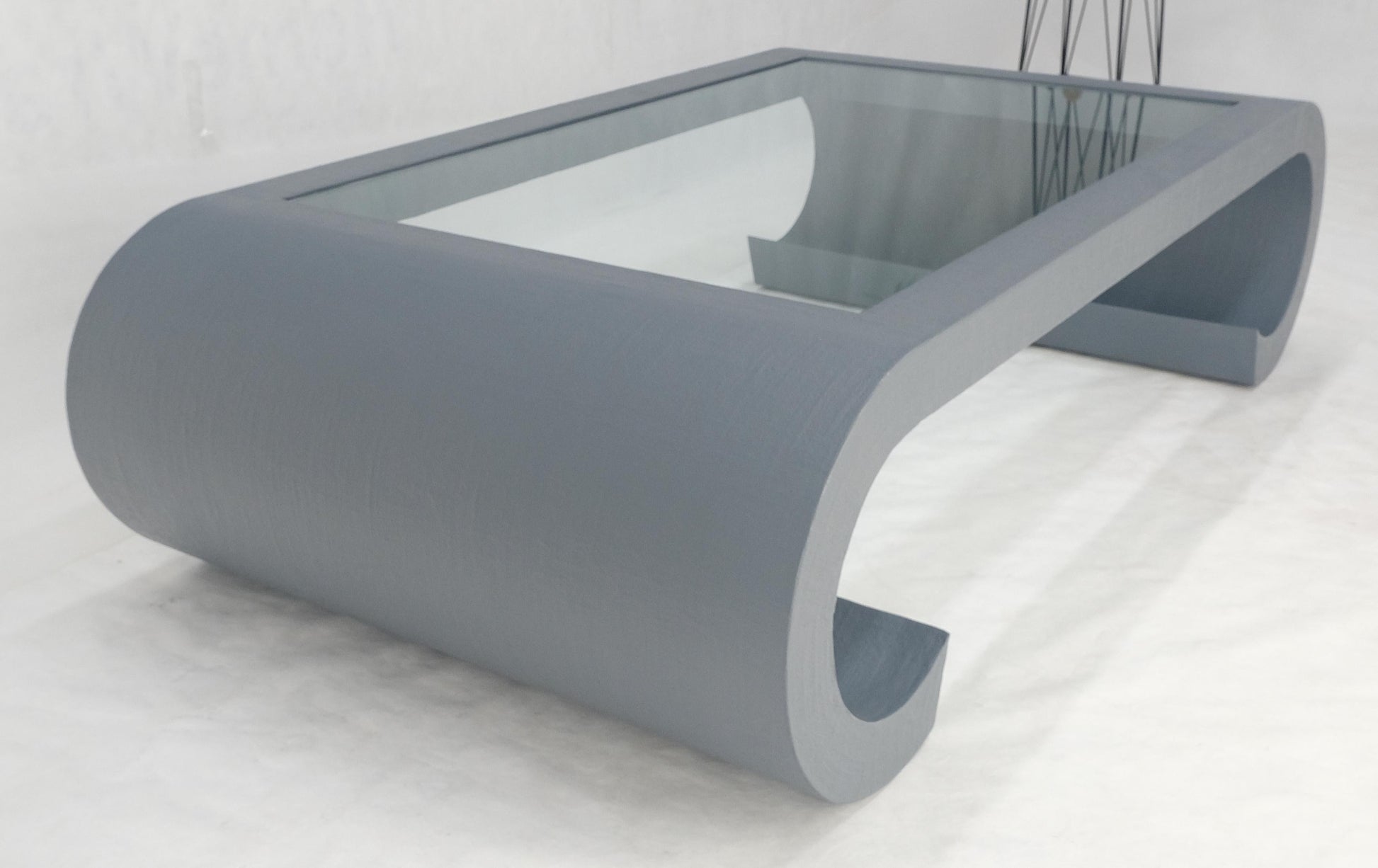 EstablishedLines Linen Cloth Wrapped Silver Grey C Scroll Shape Glass Top MCM Coffee Table MINT