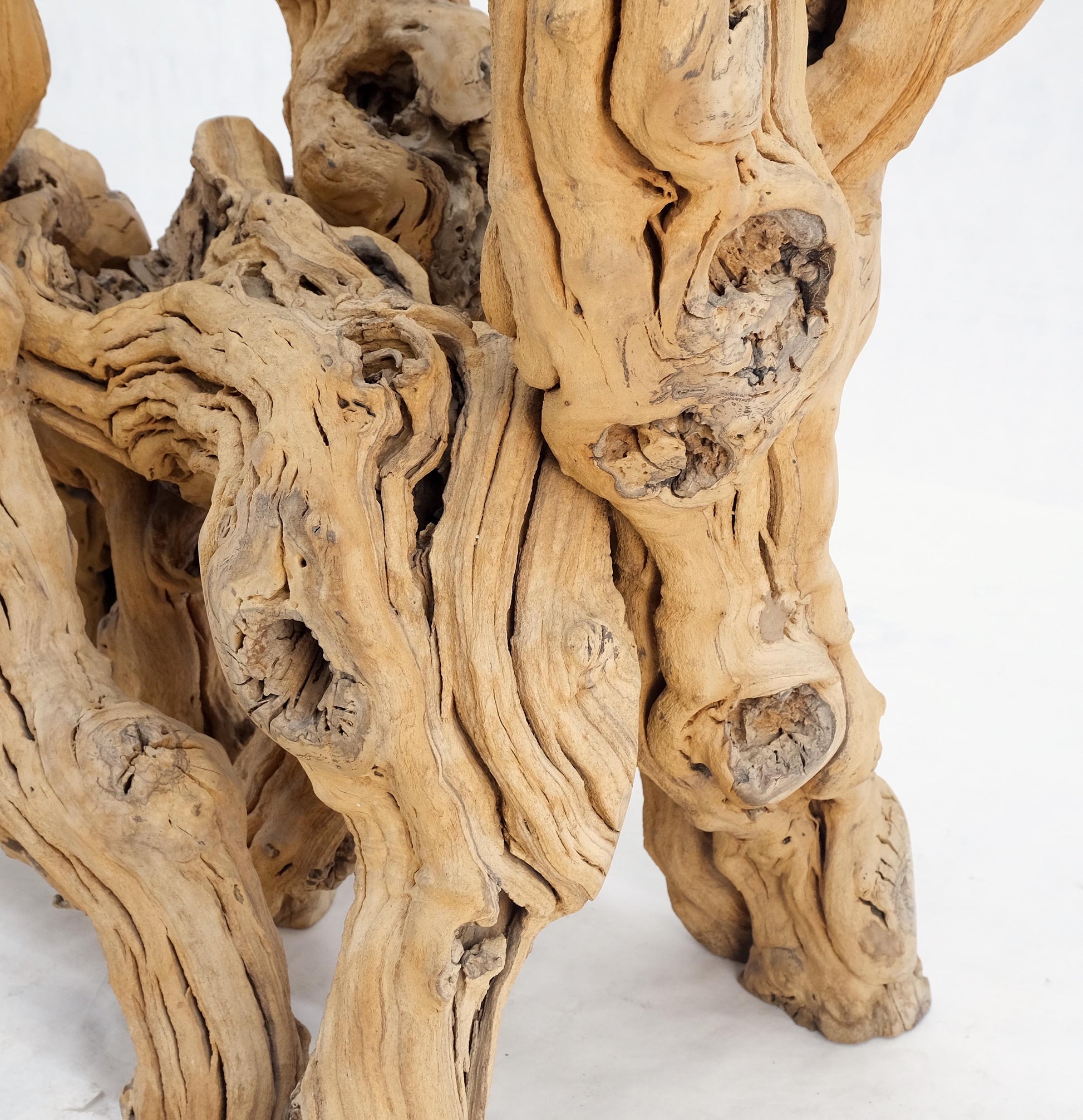 EstablishedLines Large Varnished Driftwood Organic Base Rectangle  Glass Top Console Table MINT!