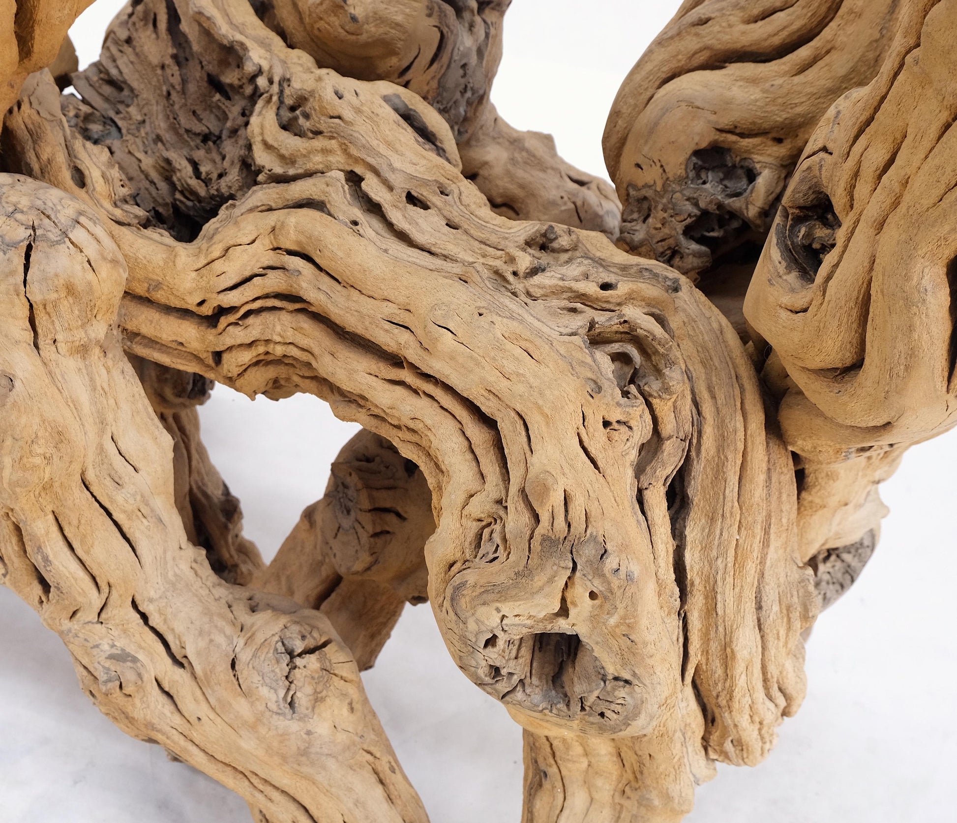 EstablishedLines Large Varnished Driftwood Organic Base Rectangle  Glass Top Console Table MINT!