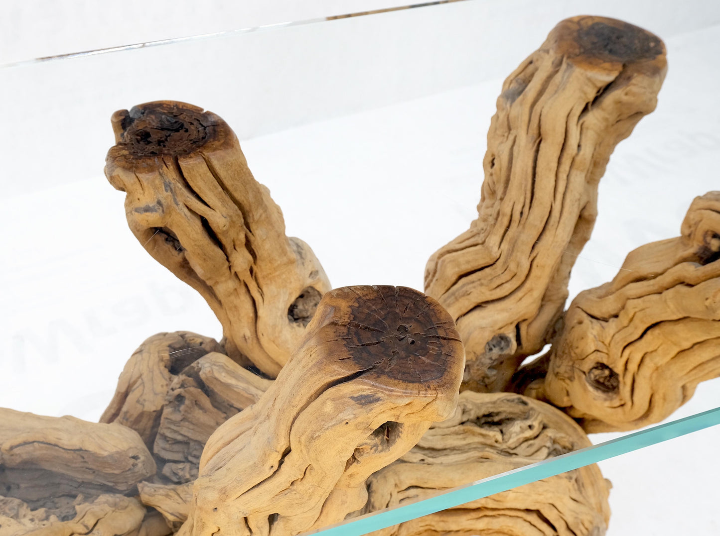 EstablishedLines Large Varnished Driftwood Organic Base Rectangle  Glass Top Console Table MINT!