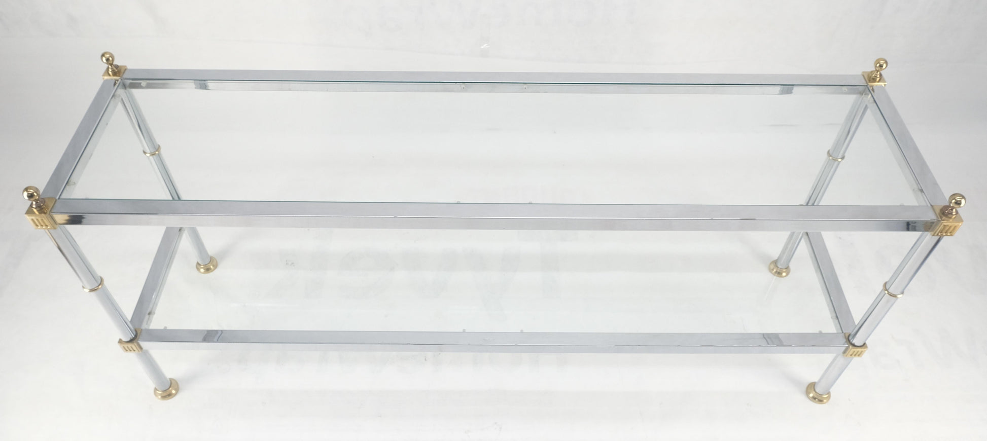 Two Tier Italian Glass Shelve Chrome 7 Brass 60" Console Sofa Table Finials MINT