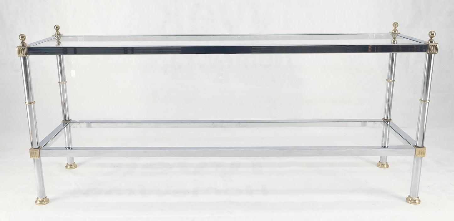 Two Tier Italian Glass Shelve Chrome 7 Brass 60" Console Sofa Table Finials MINT