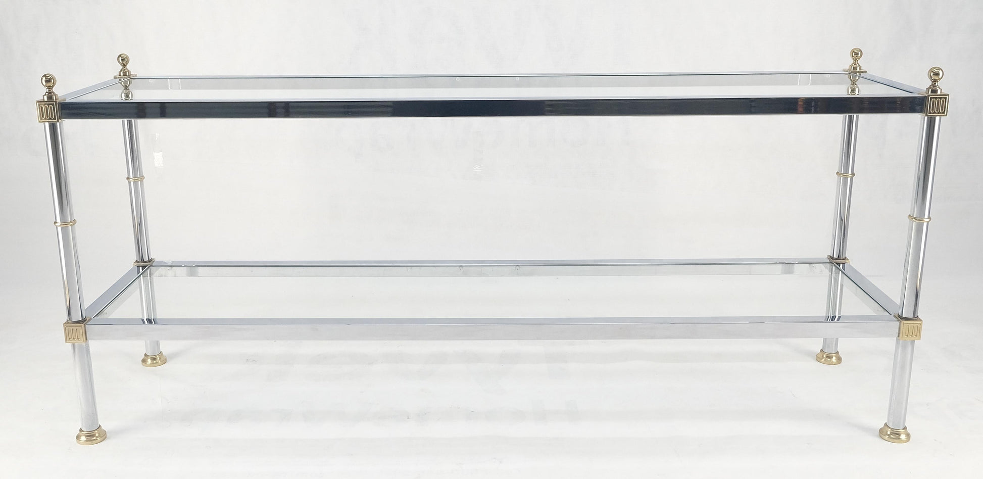 Two Tier Italian Glass Shelve Chrome 7 Brass 60" Console Sofa Table Finials MINT