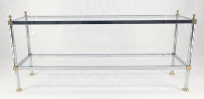 Two Tier Italian Glass Shelve Chrome 7 Brass 60" Console Sofa Table Finials MINT