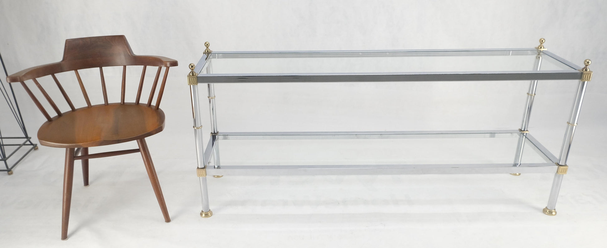 Two Tier Italian Glass Shelve Chrome 7 Brass 60" Console Sofa Table Finials MINT