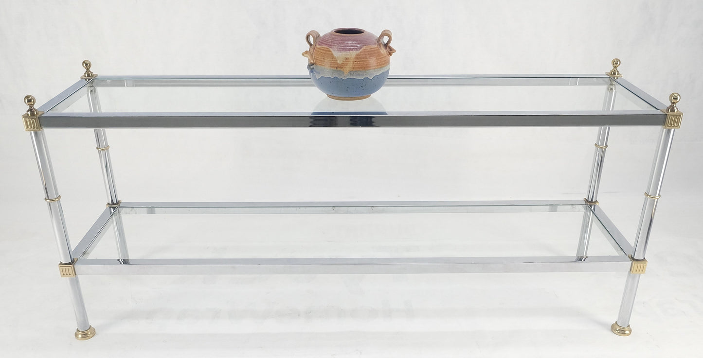 Two Tier Italian Glass Shelve Chrome 7 Brass 60" Console Sofa Table Finials MINT