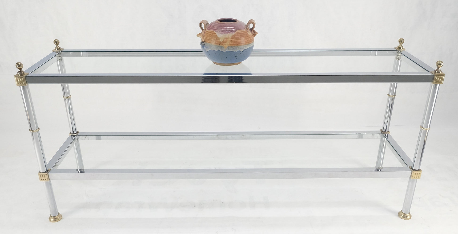 Two Tier Italian Glass Shelve Chrome 7 Brass 60" Console Sofa Table Finials MINT
