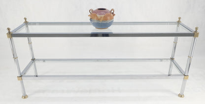 Two Tier Italian Glass Shelve Chrome 7 Brass 60" Console Sofa Table Finials MINT