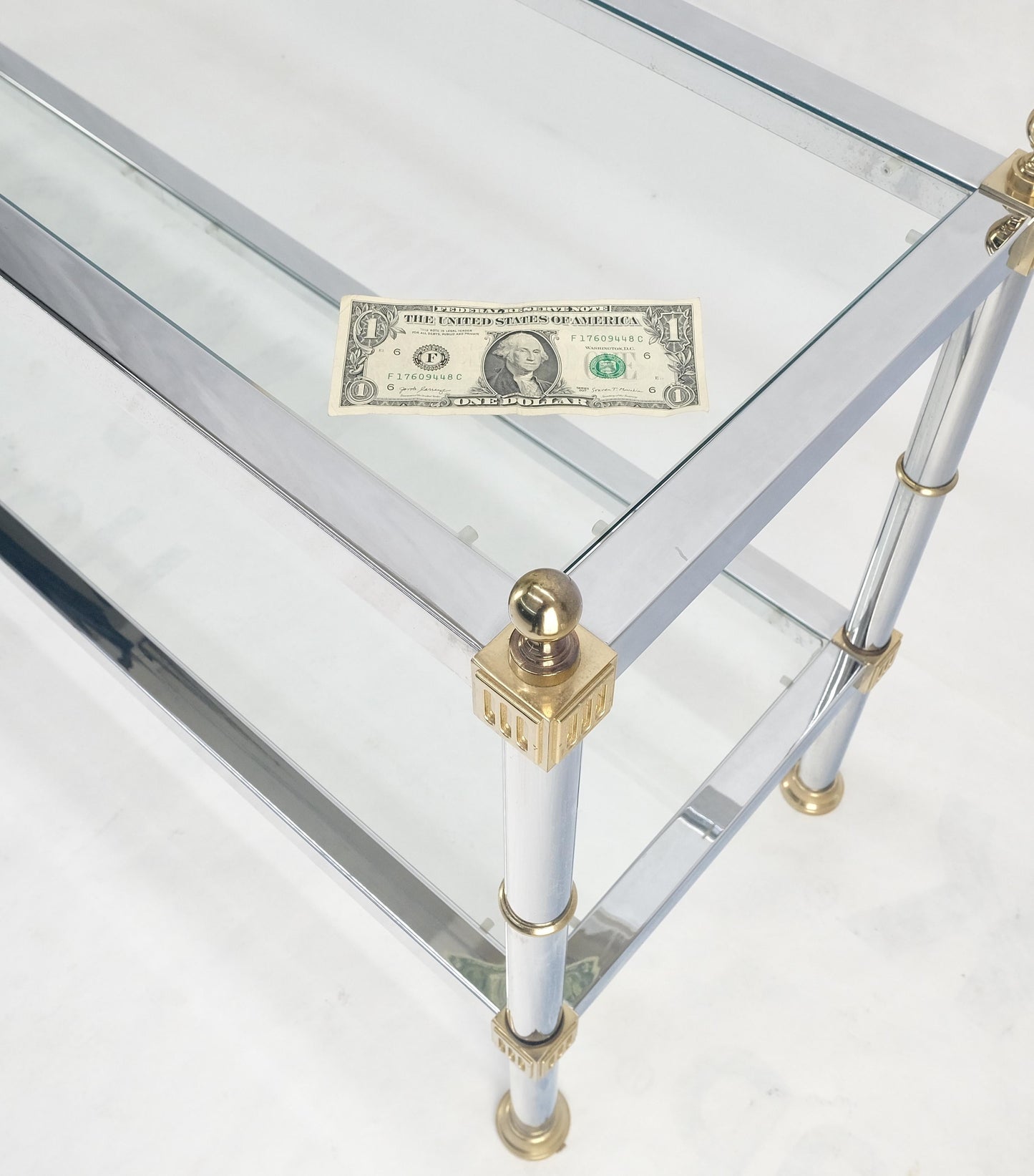 EstablishedLines Two Tier Italian Glass Shelve Chrome 7 Brass 60" Console Sofa Table Finials MINT