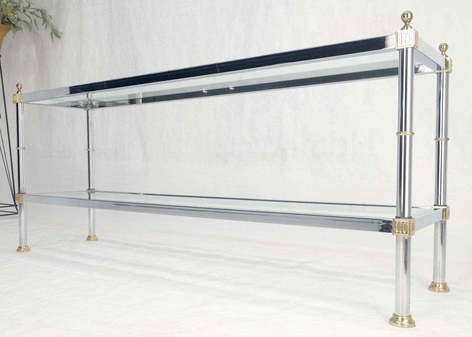 Two Tier Italian Glass Shelve Chrome 7 Brass 60" Console Sofa Table Finials MINT