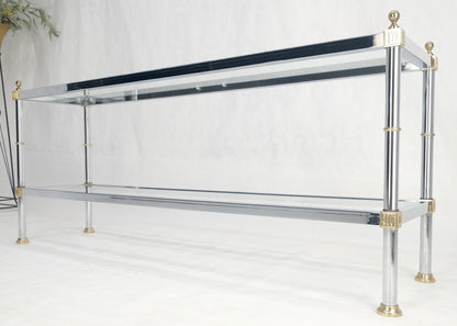 Two Tier Italian Glass Shelve Chrome 7 Brass 60" Console Sofa Table Finials MINT