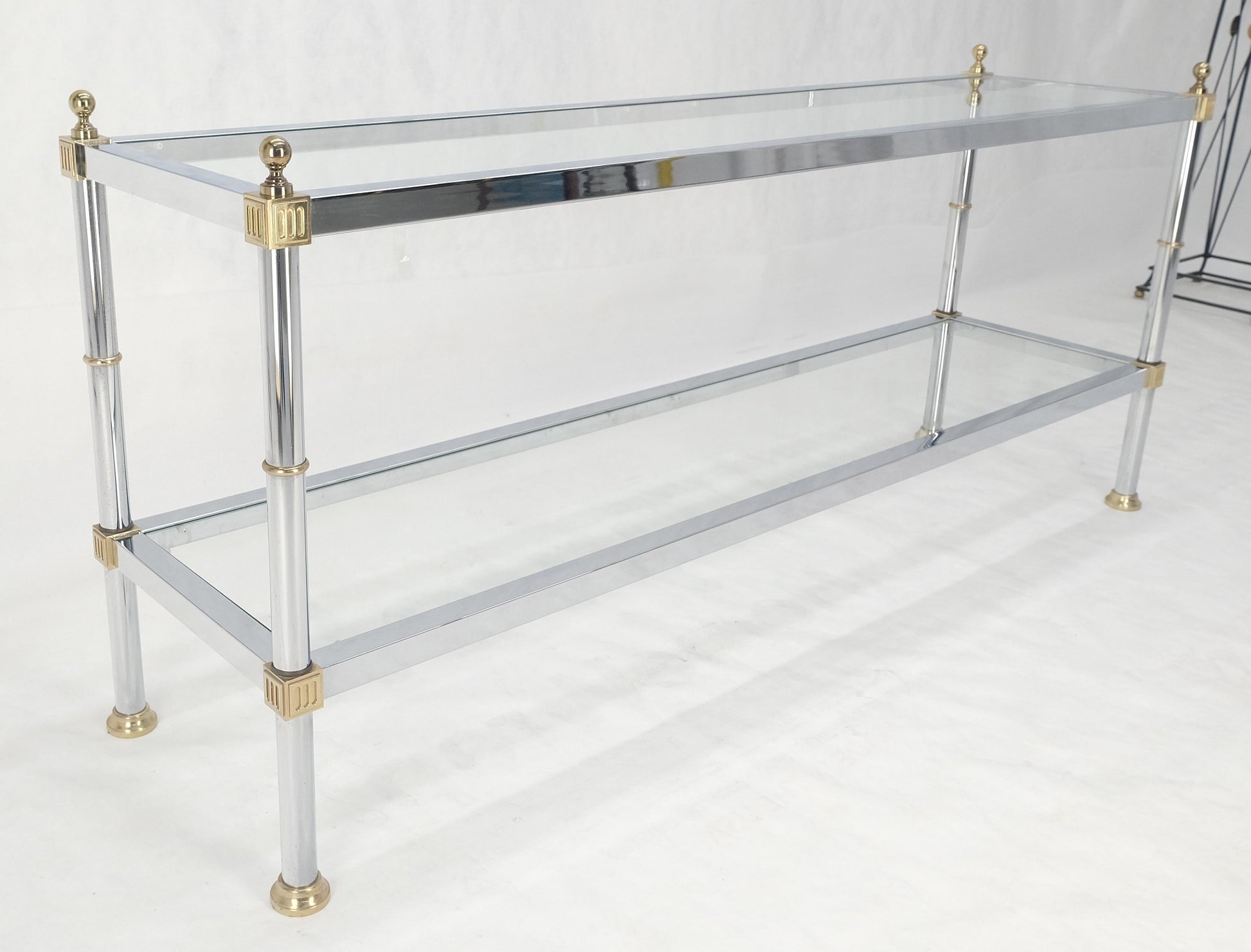 Two Tier Italian Glass Shelve Chrome 7 Brass 60" Console Sofa Table Finials MINT