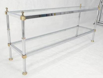 Two Tier Italian Glass Shelve Chrome 7 Brass 60" Console Sofa Table Finials MINT