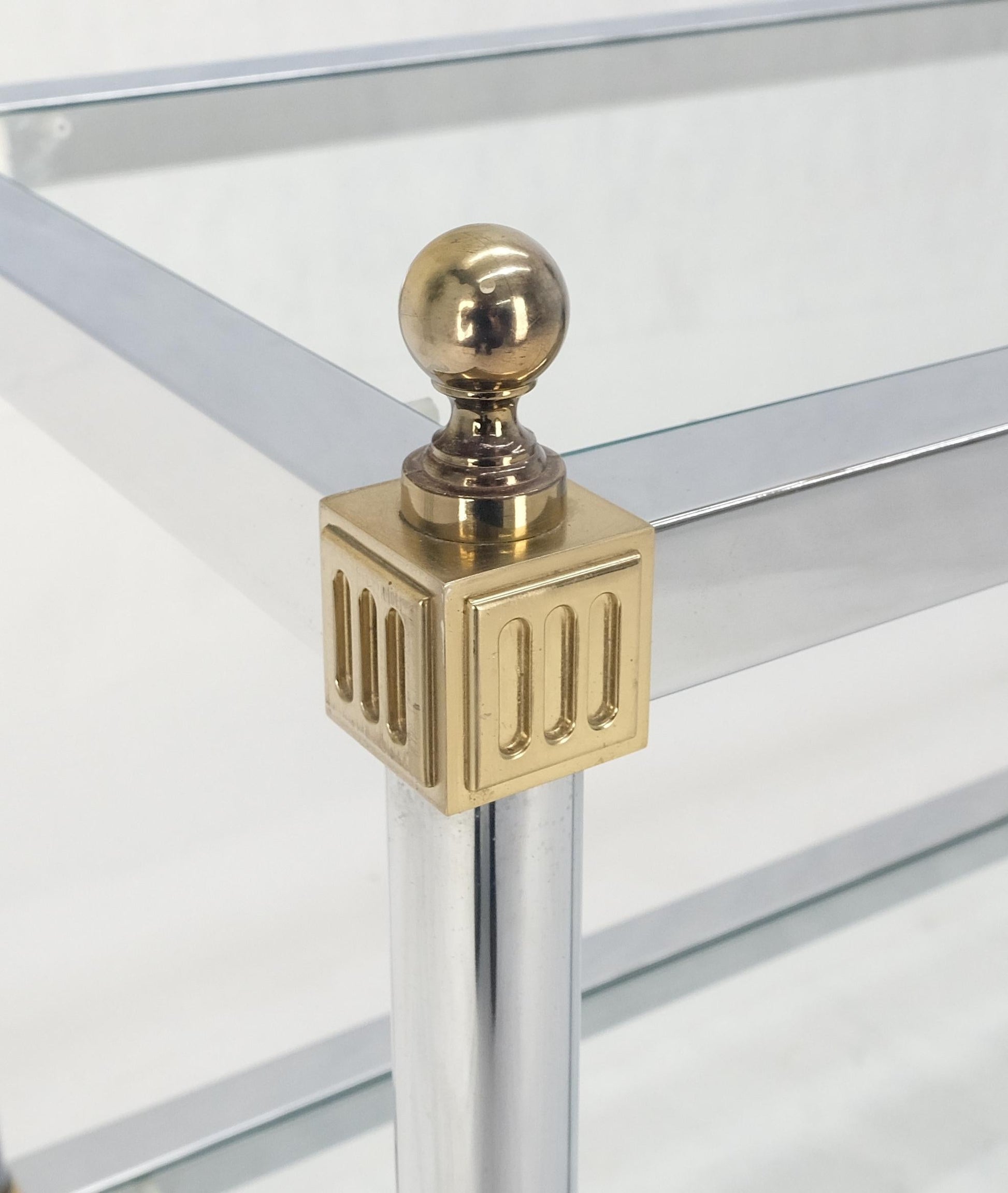 EstablishedLines Two Tier Italian Glass Shelve Chrome 7 Brass 60" Console Sofa Table Finials MINT