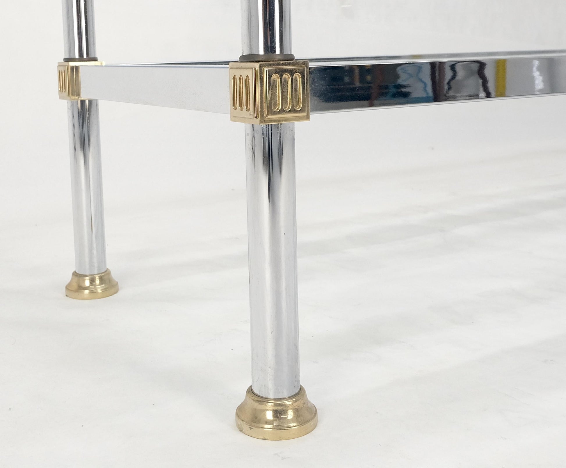 Two Tier Italian Glass Shelve Chrome 7 Brass 60" Console Sofa Table Finials MINT