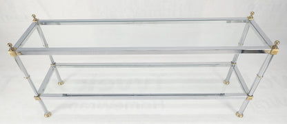 Two Tier Italian Glass Shelve Chrome 7 Brass 60" Console Sofa Table Finials MINT