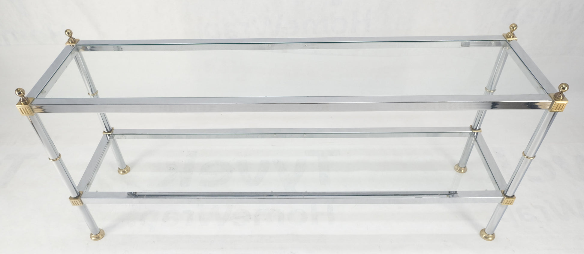 EstablishedLines Two Tier Italian Glass Shelve Chrome 7 Brass 60" Console Sofa Table Finials MINT