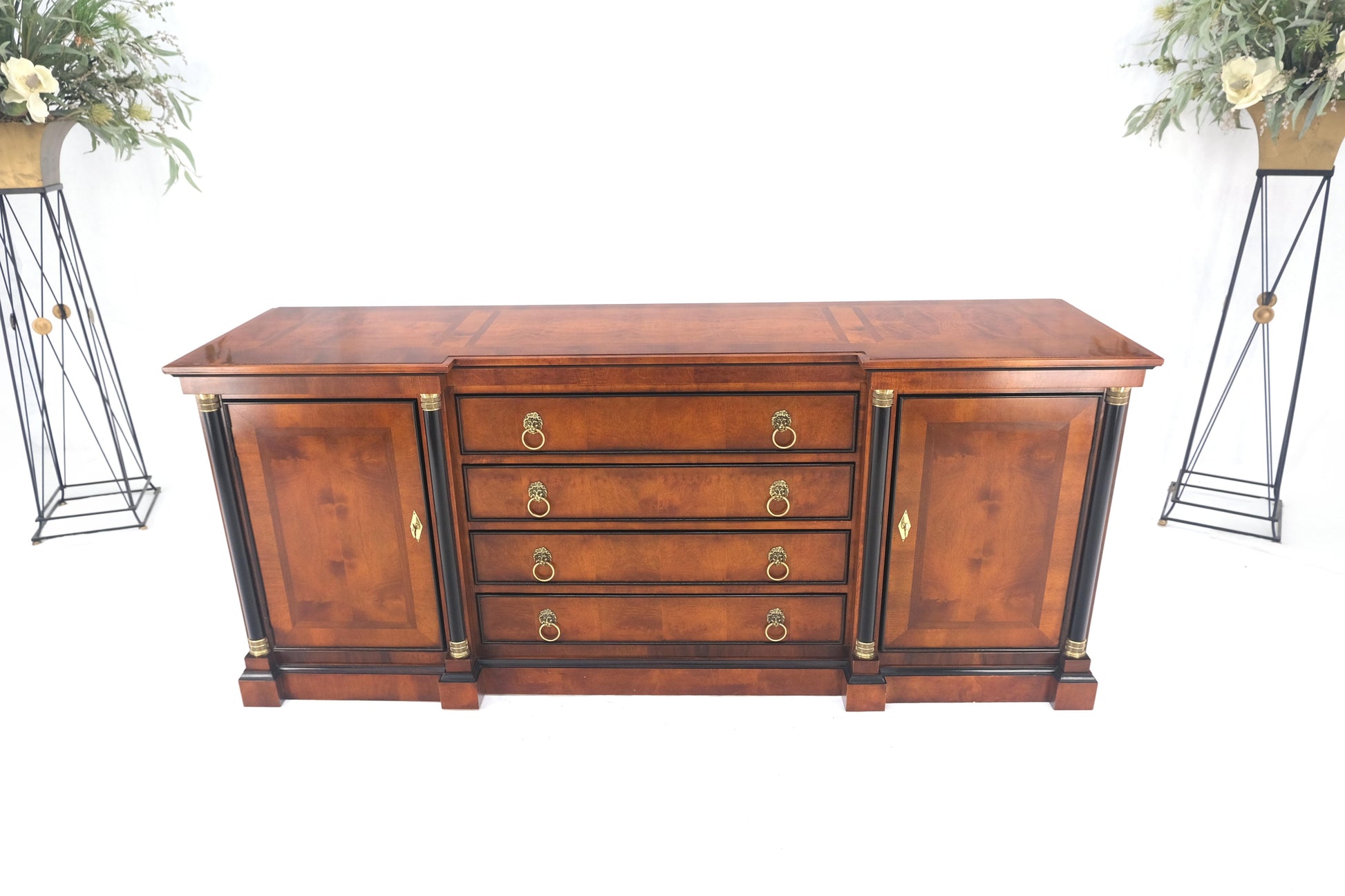 EstablishedLines Flame Mahogany Ebonized Columns Bronze Mount Brass Ring Pulls Hardware Sideboard