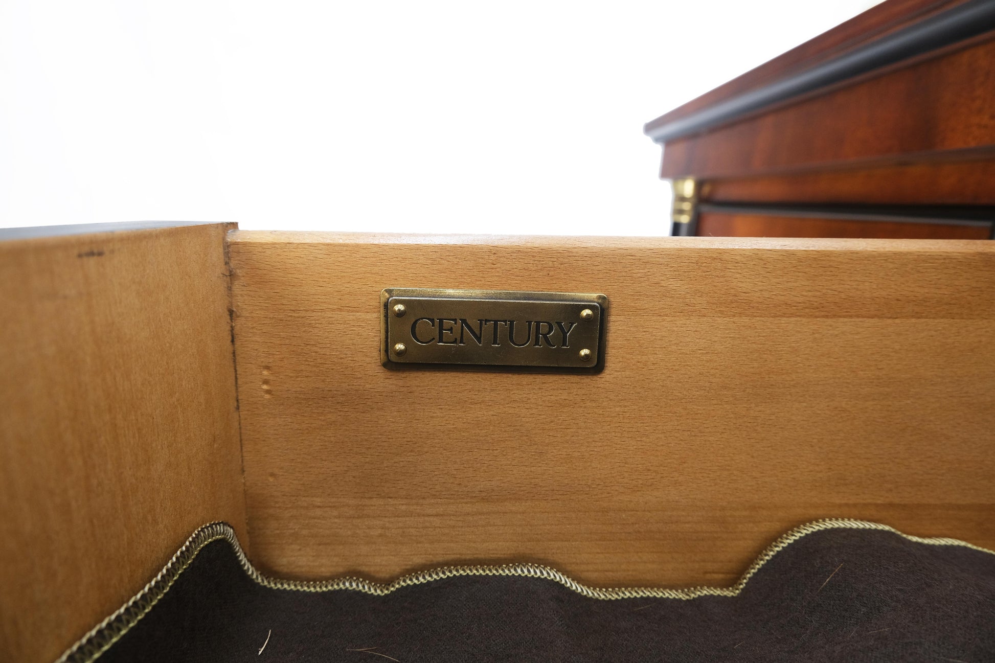 EstablishedLines Flame Mahogany Ebonized Columns Bronze Mount Brass Ring Pulls Hardware Sideboard