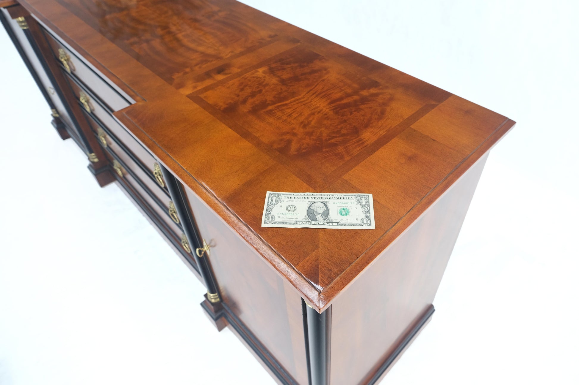 EstablishedLines Flame Mahogany Ebonized Columns Bronze Mount Brass Ring Pulls Hardware Sideboard