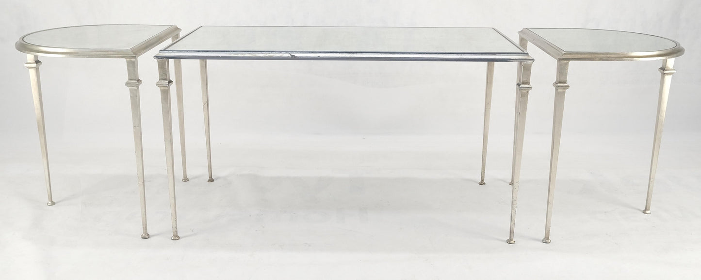 EstablishedLines Heavy Silver Gilt Steel Mirrored Top Racetrack Shape 3 Pieces Coffee End Tables