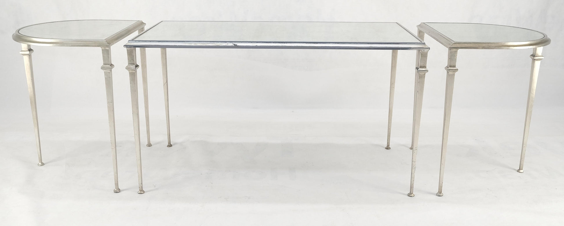 EstablishedLines Heavy Silver Gilt Steel Mirrored Top Racetrack Shape 3 Pieces Coffee End Tables
