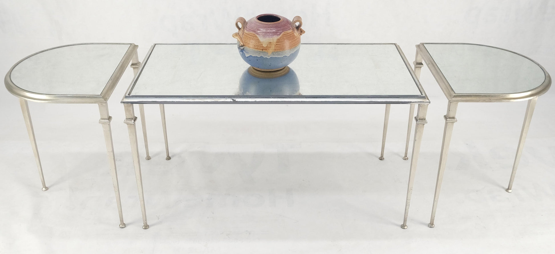 EstablishedLines Heavy Silver Gilt Steel Mirrored Top Racetrack Shape 3 Pieces Coffee End Tables