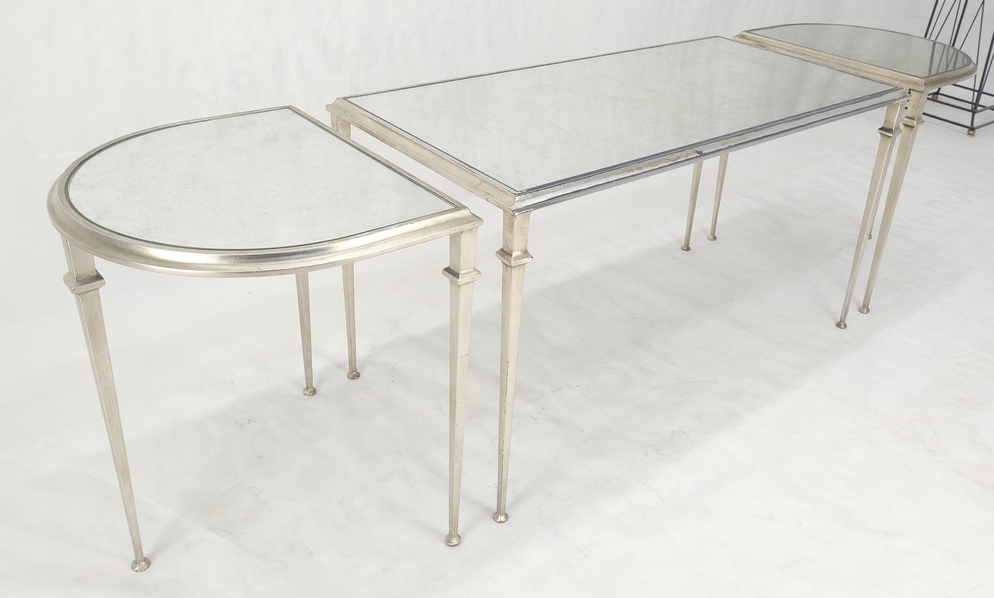 EstablishedLines Heavy Silver Gilt Steel Mirrored Top Racetrack Shape 3 Pieces Coffee End Tables