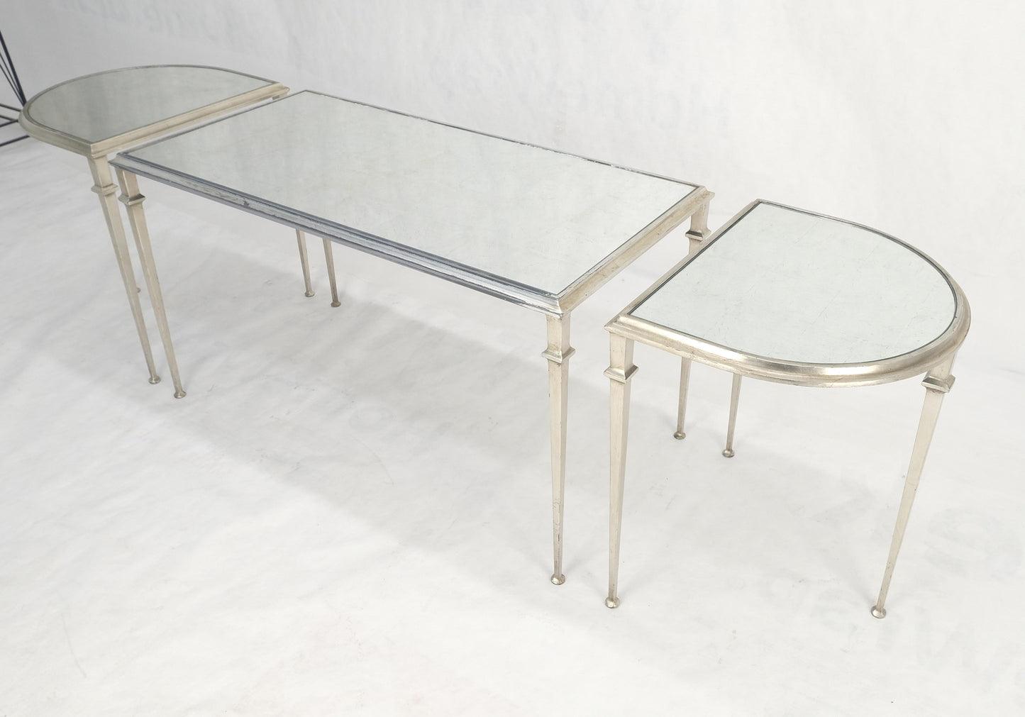 EstablishedLines Heavy Silver Gilt Steel Mirrored Top Racetrack Shape 3 Pieces Coffee End Tables