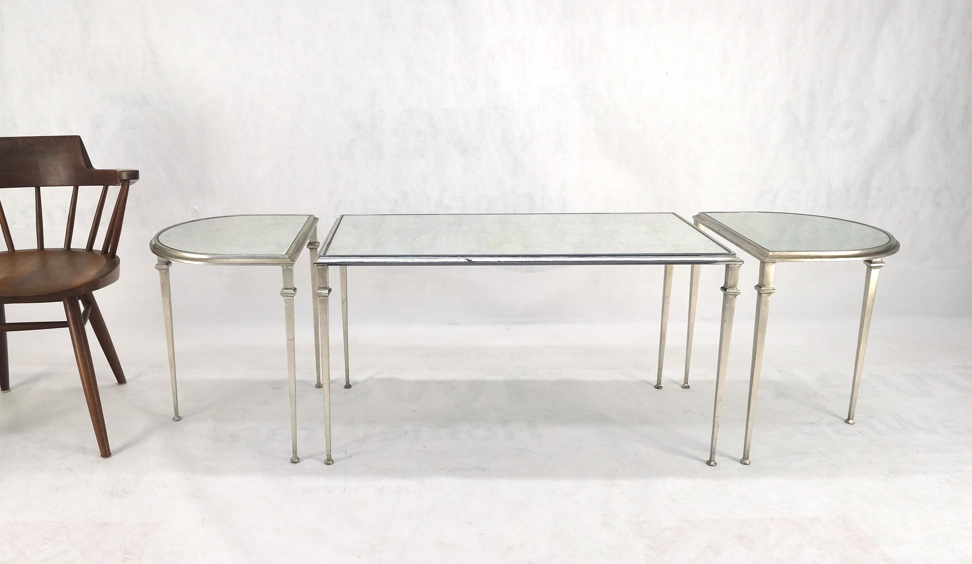 EstablishedLines Heavy Silver Gilt Steel Mirrored Top Racetrack Shape 3 Pieces Coffee End Tables