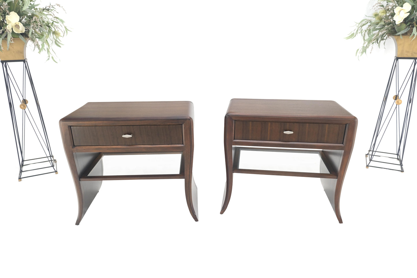 EstablishedLines Pair Century Walnut Waterfall Brand New Old Stock Two Tier Night Tables Stands